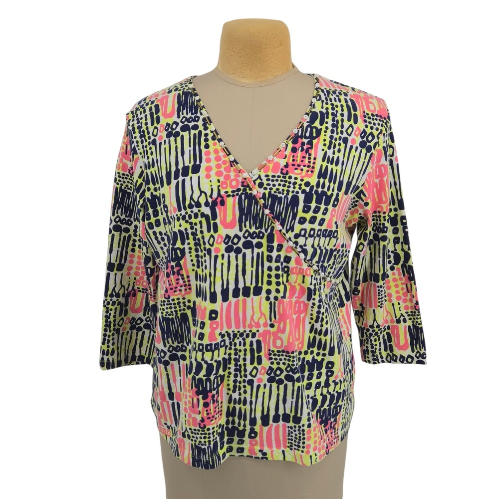 Ruby Rd Top Women XL Abstract Faux Wrap V-Neck 3/4 Sleeve Colorful Stretch Work